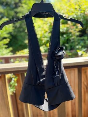 DKNY Black Halter V-Neck Top with Floral Brooch